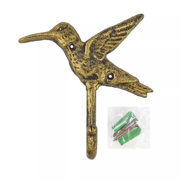 Hummingbird Wall Hook Key Holder Towel Leash Coat Hanger Rustic Gold Cas… - Picture 1 of 4
